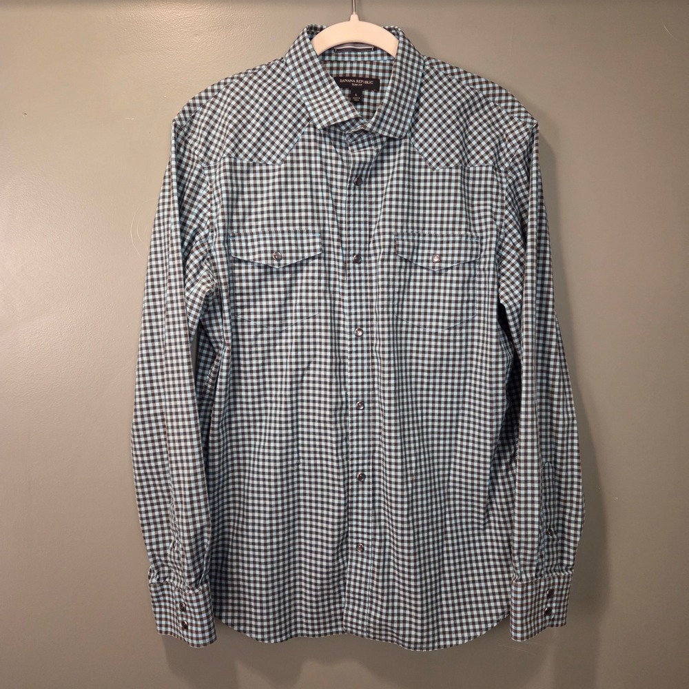 Banana Republic Men's Slim Fit Long Sleeve Button Up Shirt Size L Gingham Blue